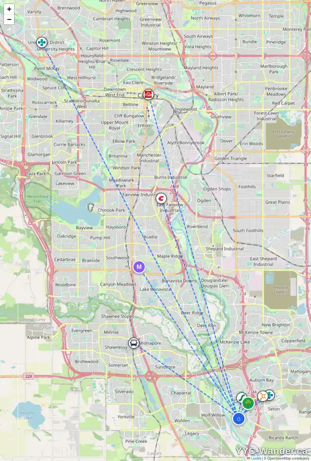 Daily accessibility map for 95 CRANBROOK PL SE, Calgary showing nearby schools, grocery stores, parks, LRT stations and nearby amenities