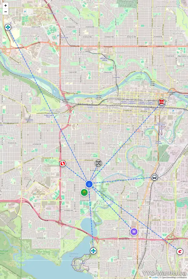 Daily accessibility map for 4325 16 ST SW, Calgary showing nearby schools, grocery stores, parks, LRT stations and nearby amenities
