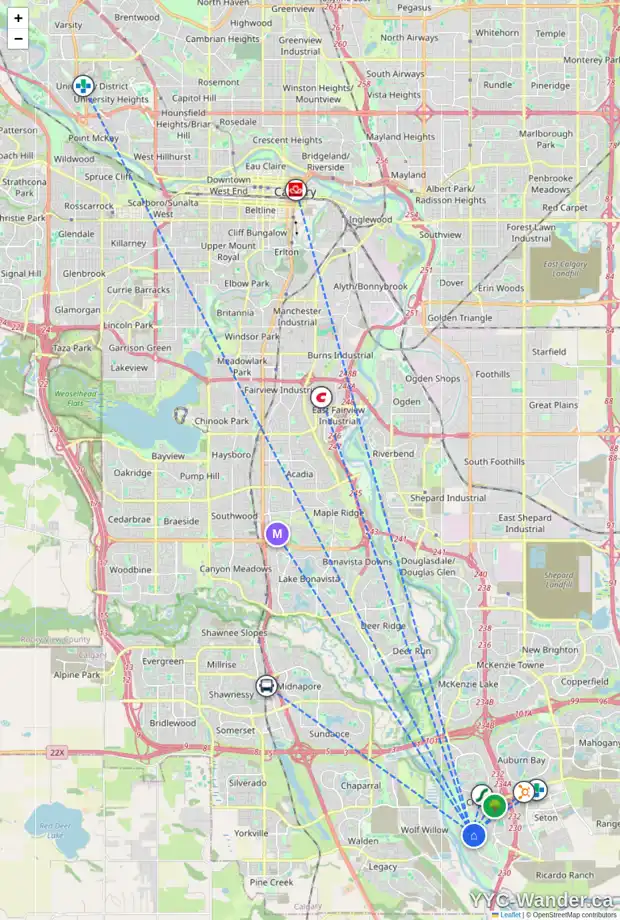 Daily accessibility map for 30 CRANBROOK PL SE, Calgary showing nearby schools, grocery stores, parks, LRT stations and nearby amenities