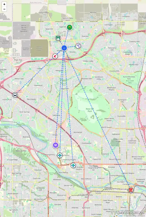 Daily accessibility map for 56 SHERWOOD MR NW, Calgary showing nearby schools, grocery stores, parks, LRT stations and nearby amenities
