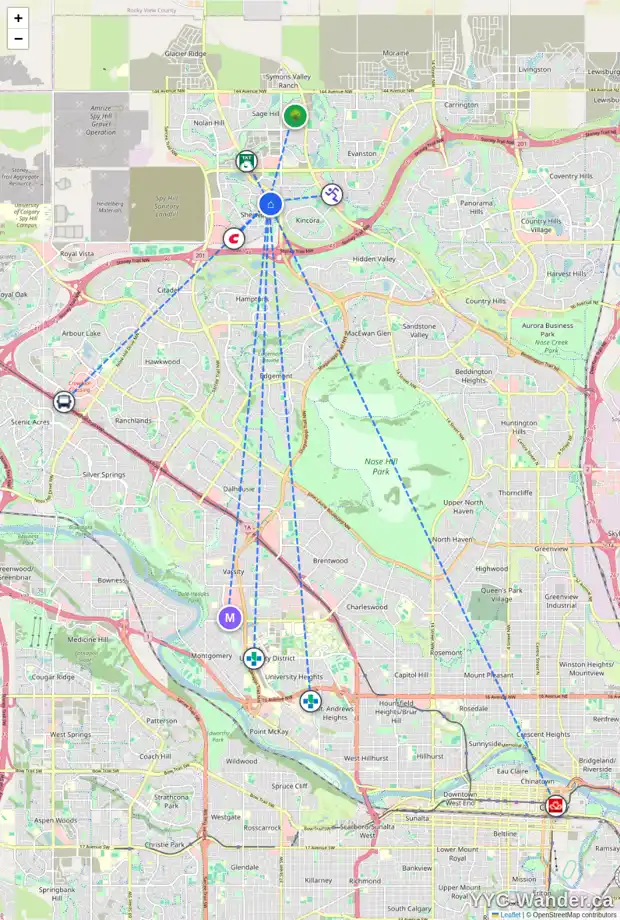 Daily accessibility map for 68 SHERWOOD MR NW, Calgary showing nearby schools, grocery stores, parks, LRT stations and nearby amenities