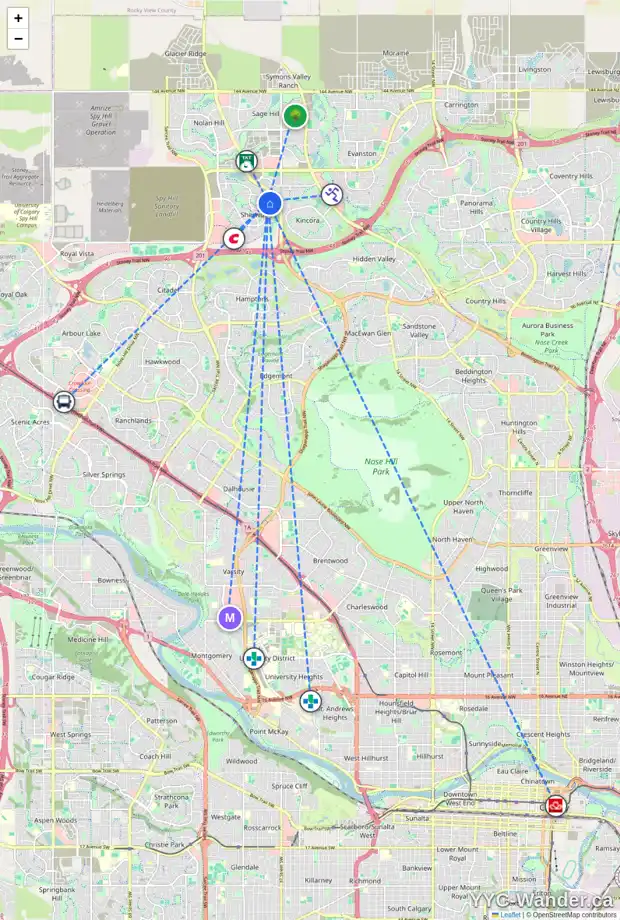 Daily accessibility map for 72 SHERWOOD MR NW, Calgary showing nearby schools, grocery stores, parks, LRT stations and nearby amenities