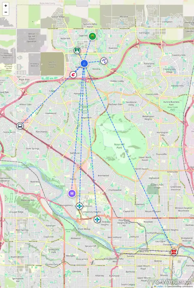 Daily accessibility map for 76 SHERWOOD MR NW, Calgary showing nearby schools, grocery stores, parks, LRT stations and nearby amenities