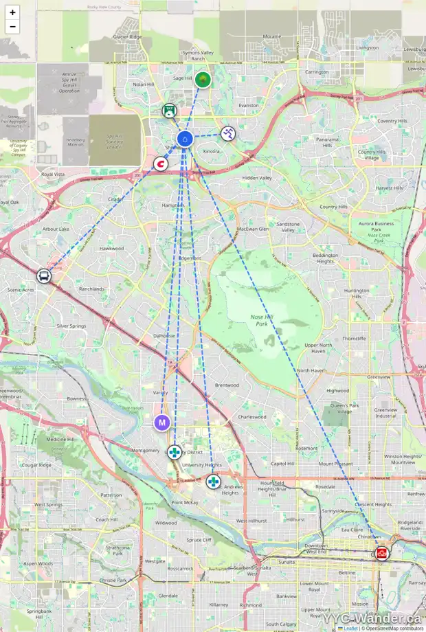 Daily accessibility map for 80 SHERWOOD MR NW, Calgary showing nearby schools, grocery stores, parks, LRT stations and nearby amenities
