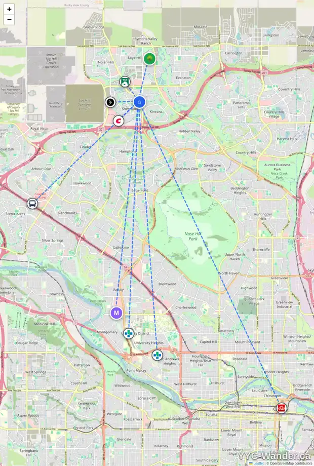 Daily accessibility map for 36 SHERWOOD MR NW, Calgary showing nearby schools, grocery stores, parks, LRT stations and nearby amenities