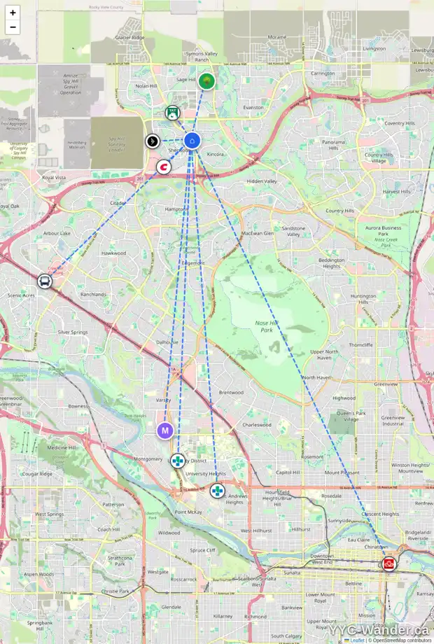 Daily accessibility map for 32 SHERWOOD MR NW, Calgary showing nearby schools, grocery stores, parks, LRT stations and nearby amenities