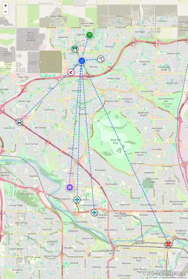 Daily accessibility map for 5 SHERWOOD GA NW, Calgary showing nearby schools, grocery stores, parks, LRT stations and nearby amenities