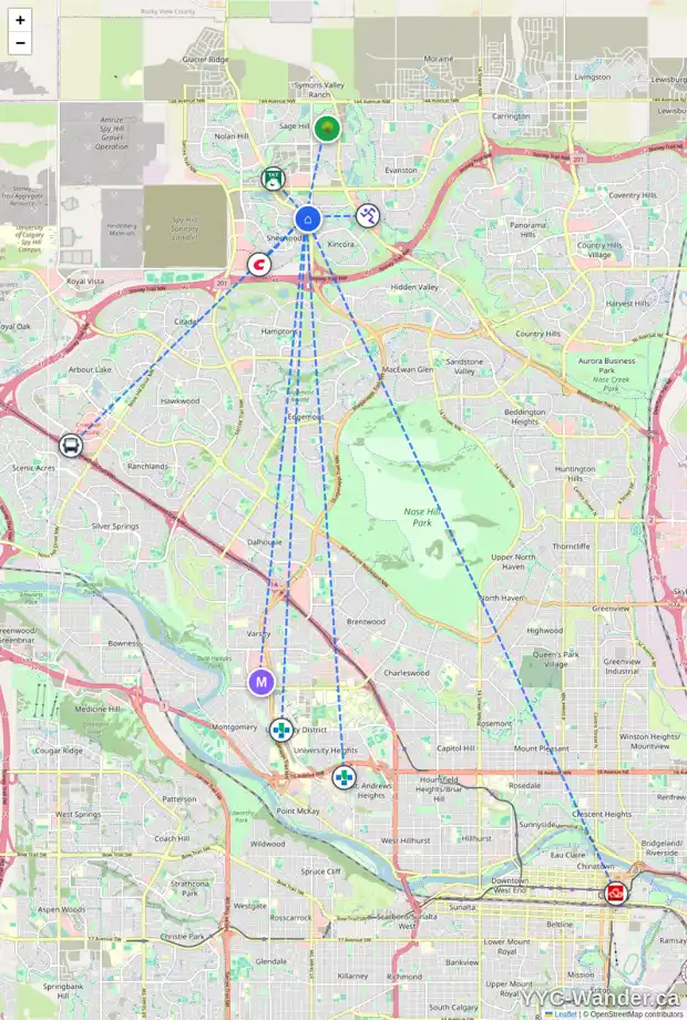Daily accessibility map for 65 KINCORA ME NW, Calgary showing nearby schools, grocery stores, parks, LRT stations and nearby amenities