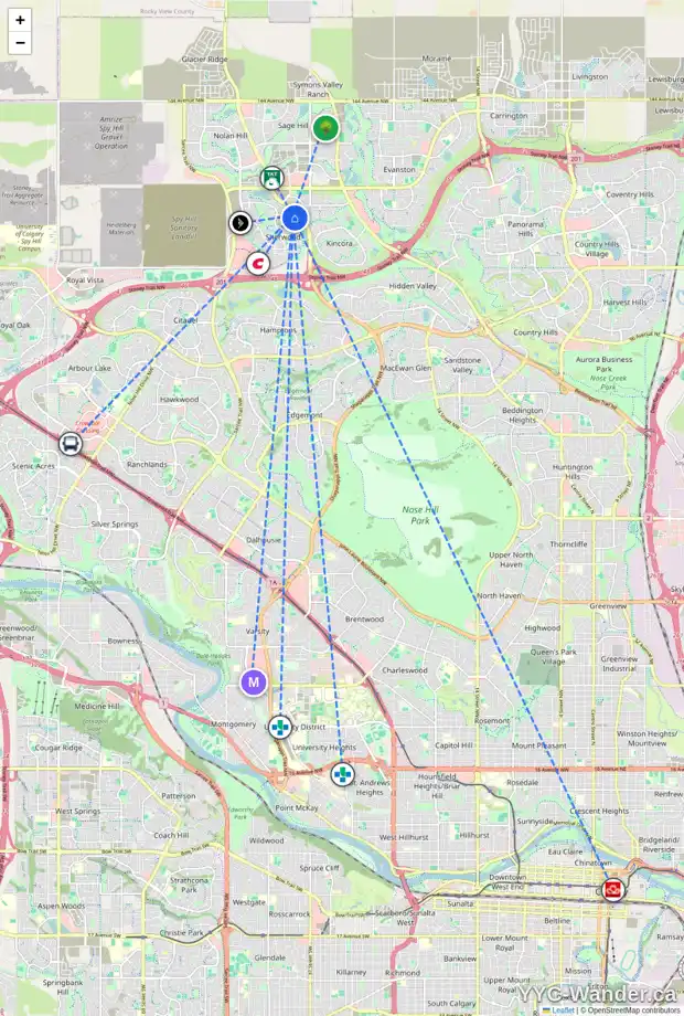 Daily accessibility map for 4 SHERWOOD SQ NW, Calgary showing nearby schools, grocery stores, parks, LRT stations and nearby amenities