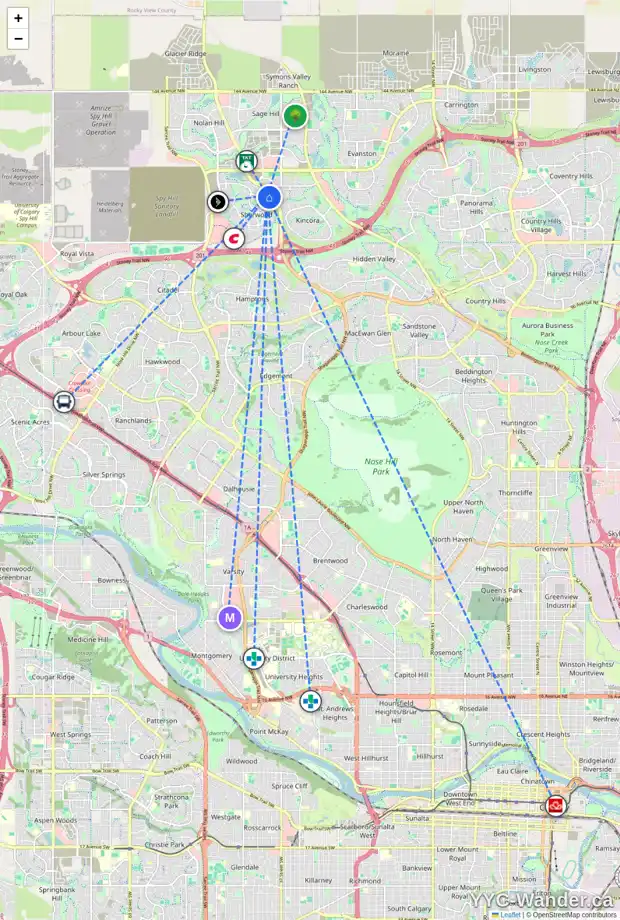 Daily accessibility map for 151 SHERWOOD BA NW, Calgary showing nearby schools, grocery stores, parks, LRT stations and nearby amenities