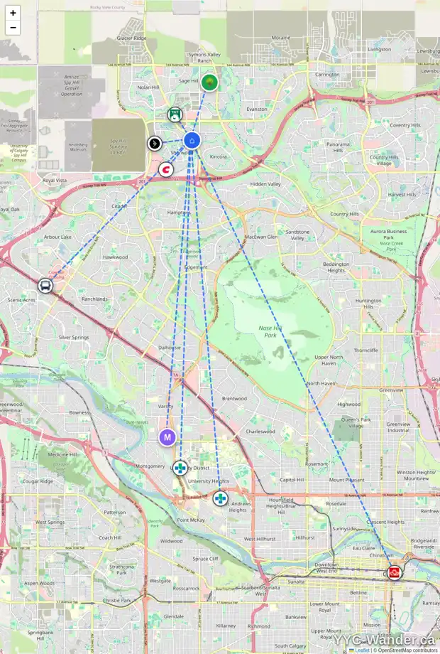 Daily accessibility map for 143 SHERWOOD BA NW, Calgary showing nearby schools, grocery stores, parks, LRT stations and nearby amenities