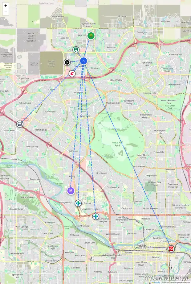 Daily accessibility map for 139 SHERWOOD BA NW, Calgary showing nearby schools, grocery stores, parks, LRT stations and nearby amenities