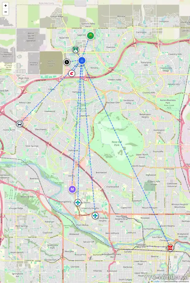 Daily accessibility map for 8 SHERWOOD SQ NW, Calgary showing nearby schools, grocery stores, parks, LRT stations and nearby amenities