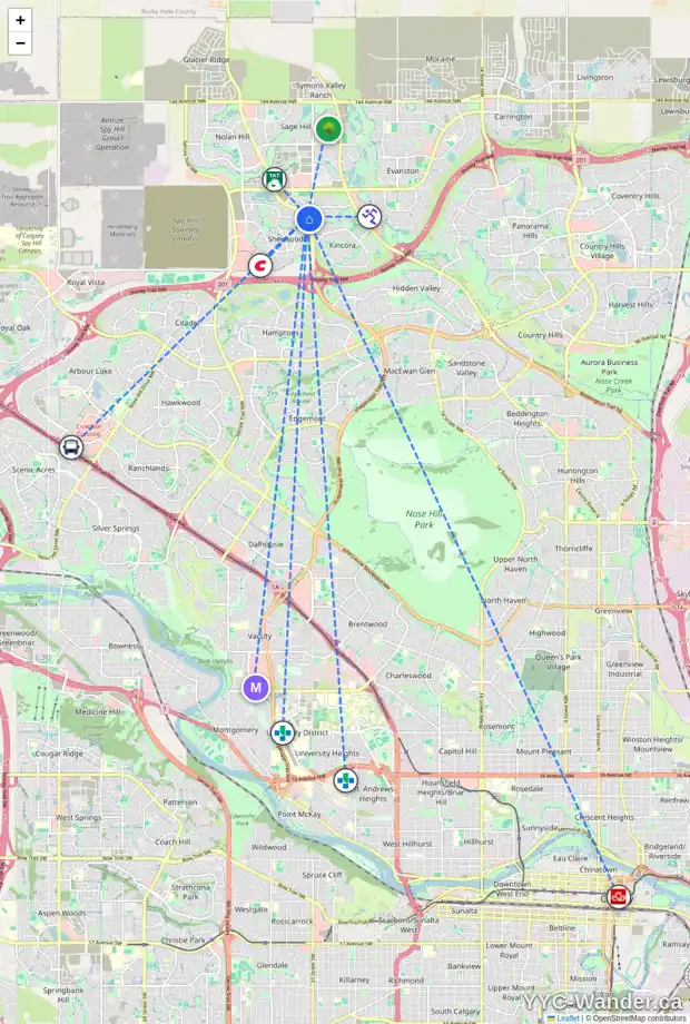 Daily accessibility map for 61 KINCORA ME NW, Calgary showing nearby schools, grocery stores, parks, LRT stations and nearby amenities