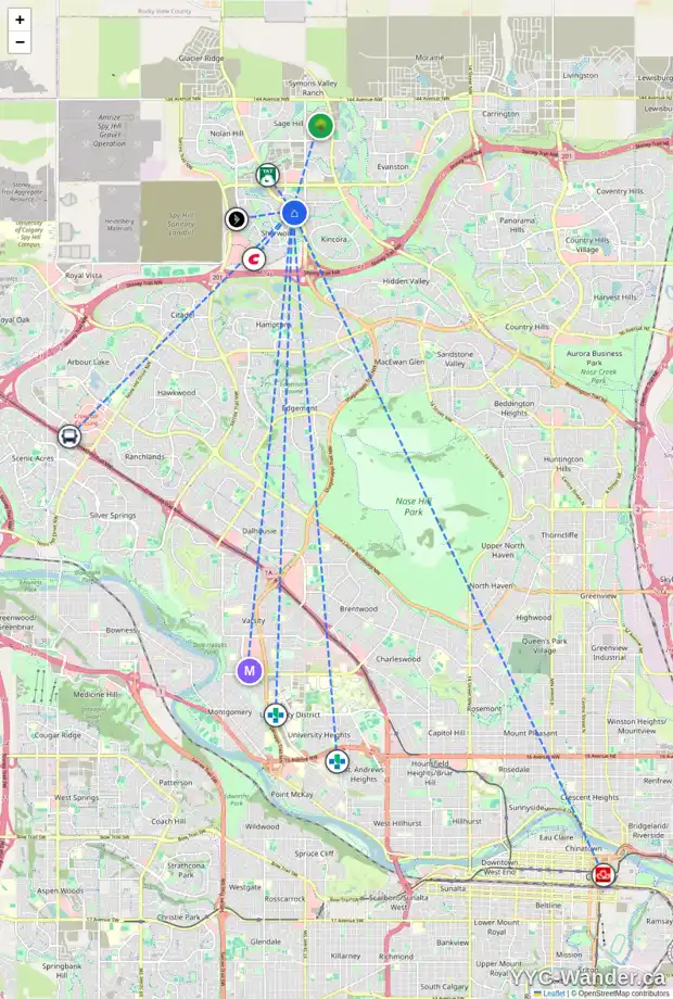 Daily accessibility map for 131 SHERWOOD BA NW, Calgary showing nearby schools, grocery stores, parks, LRT stations and nearby amenities