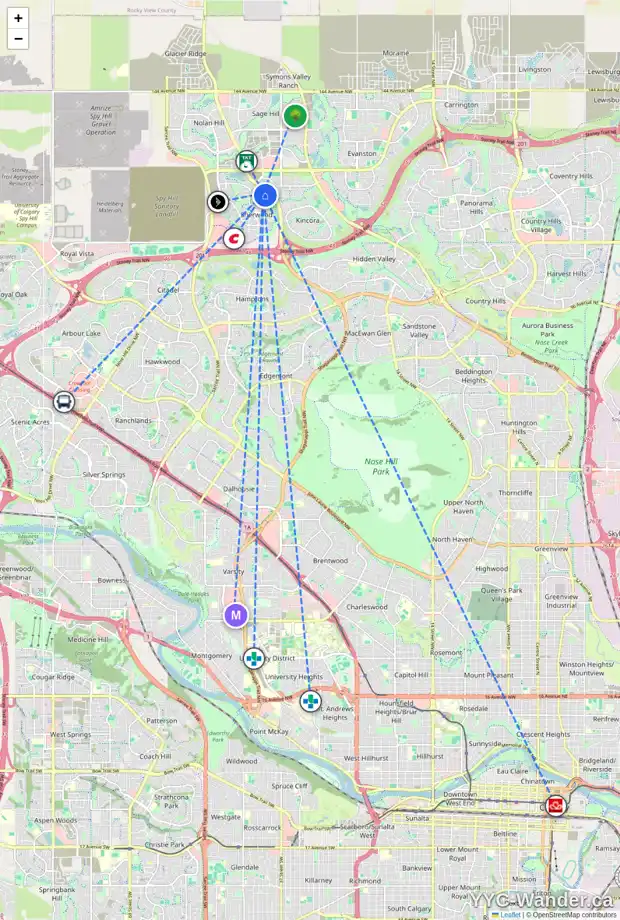 Daily accessibility map for 11 SHERWOOD SQ NW, Calgary showing nearby schools, grocery stores, parks, LRT stations and nearby amenities