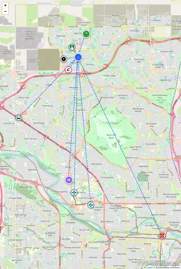 Daily accessibility map for 16 SHERWOOD SQ NW, Calgary showing nearby schools, grocery stores, parks, LRT stations and nearby amenities