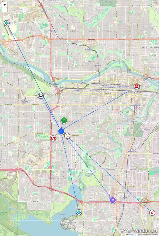 Daily accessibility map for 2130 31 AV SW, Calgary showing nearby schools, grocery stores, parks, LRT stations and nearby amenities