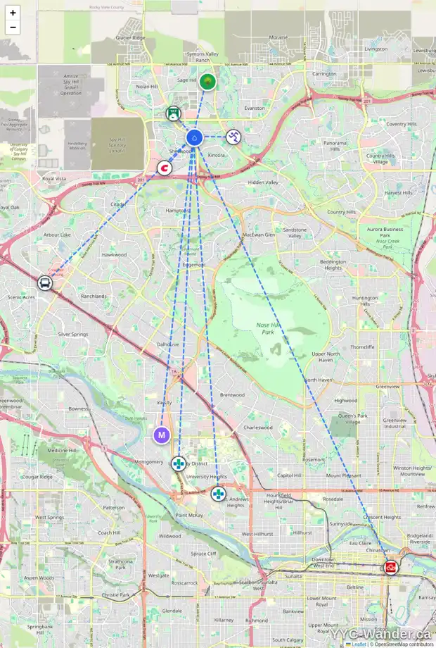 Daily accessibility map for 167 KINCORA CR NW, Calgary showing nearby schools, grocery stores, parks, LRT stations and nearby amenities