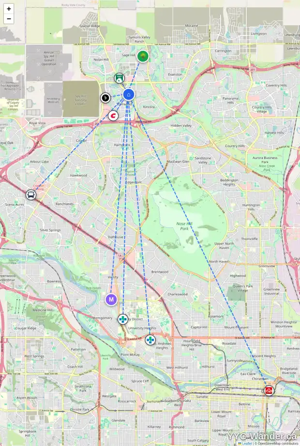Daily accessibility map for 19 SHERWOOD SQ NW, Calgary showing nearby schools, grocery stores, parks, LRT stations and nearby amenities