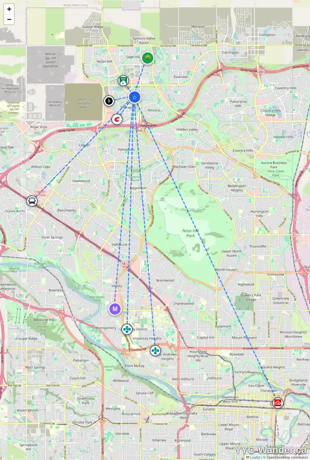 Daily accessibility map for 111 SHERWOOD BA NW, Calgary showing nearby schools, grocery stores, parks, LRT stations and nearby amenities