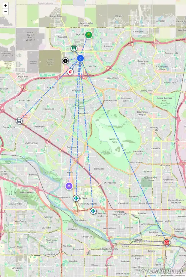 Daily accessibility map for 28 SHERWOOD SQ NW, Calgary showing nearby schools, grocery stores, parks, LRT stations and nearby amenities
