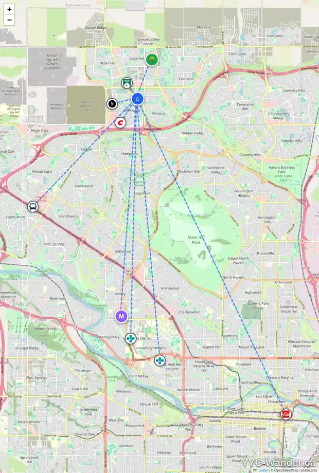 Daily accessibility map for 40 SHERWOOD SQ NW, Calgary showing nearby schools, grocery stores, parks, LRT stations and nearby amenities