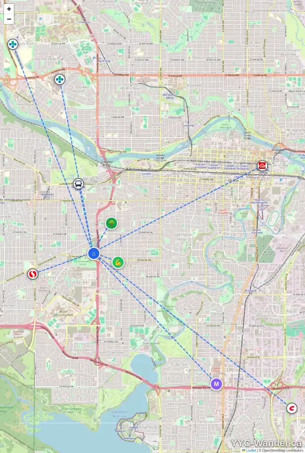 Daily accessibility map for 3227 24A ST SW, Calgary showing nearby schools, grocery stores, parks, LRT stations and nearby amenities