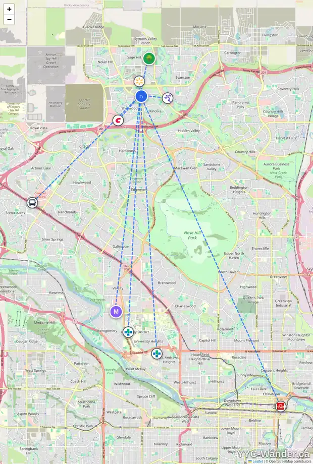 Daily accessibility map for 12 KINCORA ME NW, Calgary showing nearby schools, grocery stores, parks, LRT stations and nearby amenities