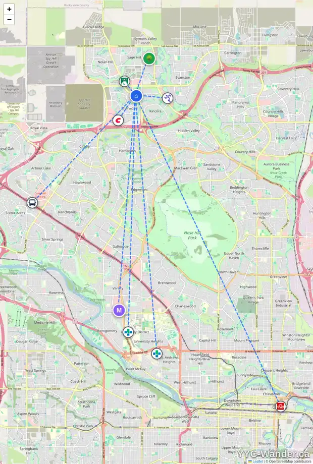 Daily accessibility map for 83 KINCORA CR NW, Calgary showing nearby schools, grocery stores, parks, LRT stations and nearby amenities
