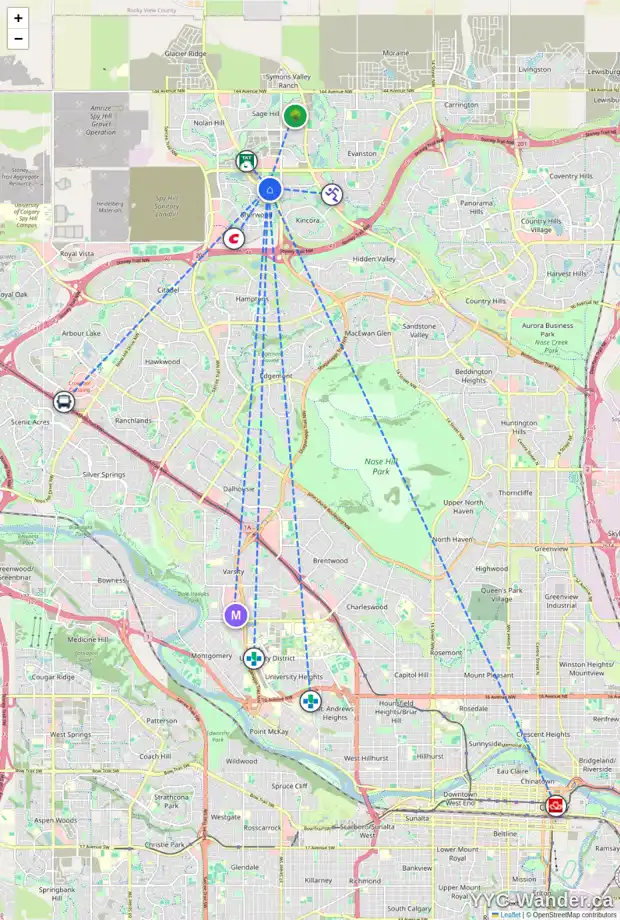 Daily accessibility map for 79 KINCORA CR NW, Calgary showing nearby schools, grocery stores, parks, LRT stations and nearby amenities