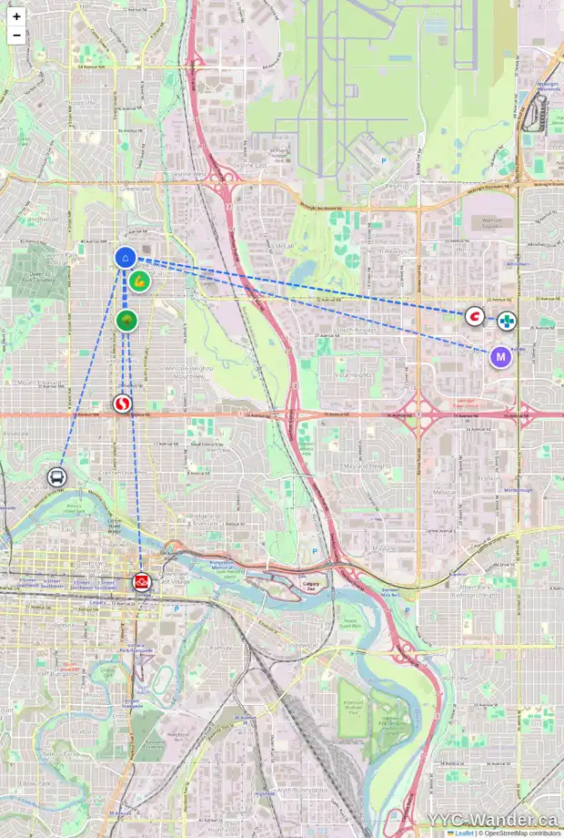 Daily accessibility map for 3828 CENTRE A ST NE, Calgary showing nearby schools, grocery stores, parks, LRT stations and nearby amenities