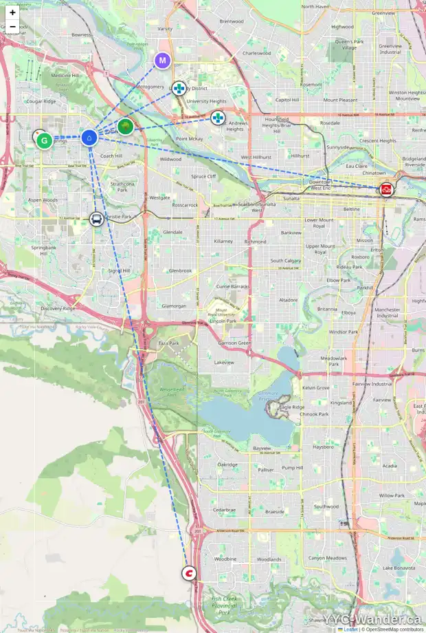 Daily accessibility map for 68 WESTPOINT GD SW, Calgary showing nearby schools, grocery stores, parks, LRT stations and nearby amenities