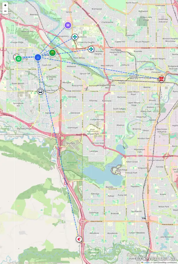 Daily accessibility map for 80 WESTPOINT GD SW, Calgary showing nearby schools, grocery stores, parks, LRT stations and nearby amenities