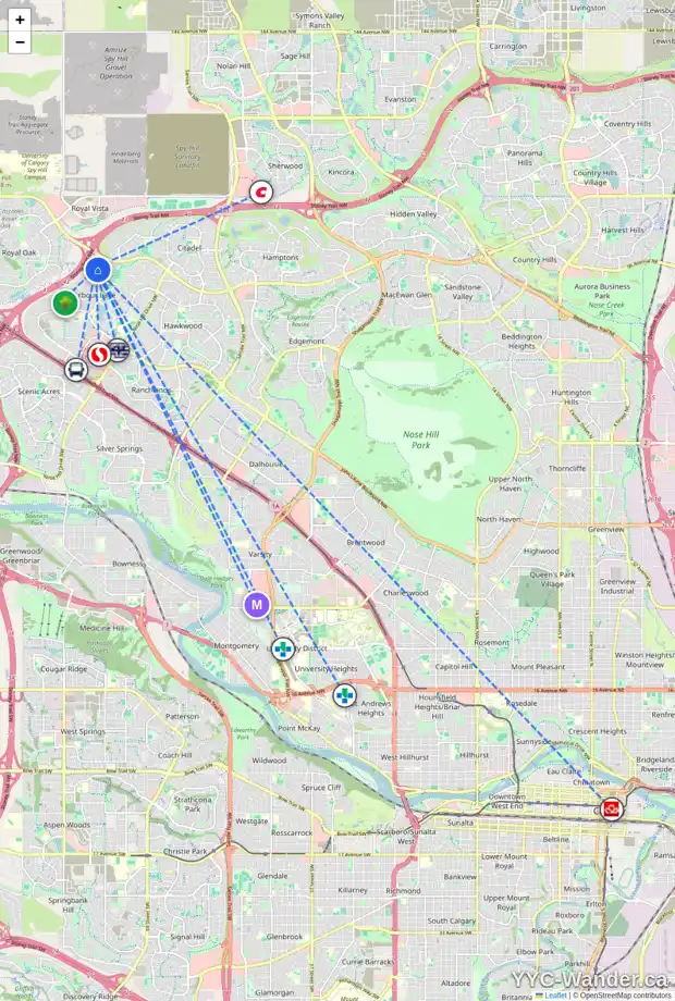 Daily accessibility map for 199 ARBOUR BUTTE RD NW, Calgary showing nearby schools, grocery stores, parks, LRT stations and nearby amenities