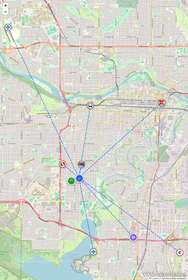 Daily accessibility map for 2005 40 AV SW, Calgary showing nearby schools, grocery stores, parks, LRT stations and nearby amenities
