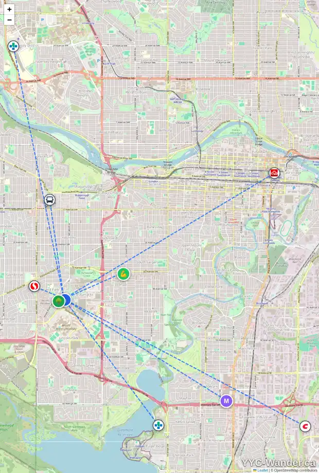 Daily accessibility map for 59 VICTORIA CROSS BV SW, Calgary showing nearby schools, grocery stores, parks, LRT stations and nearby amenities