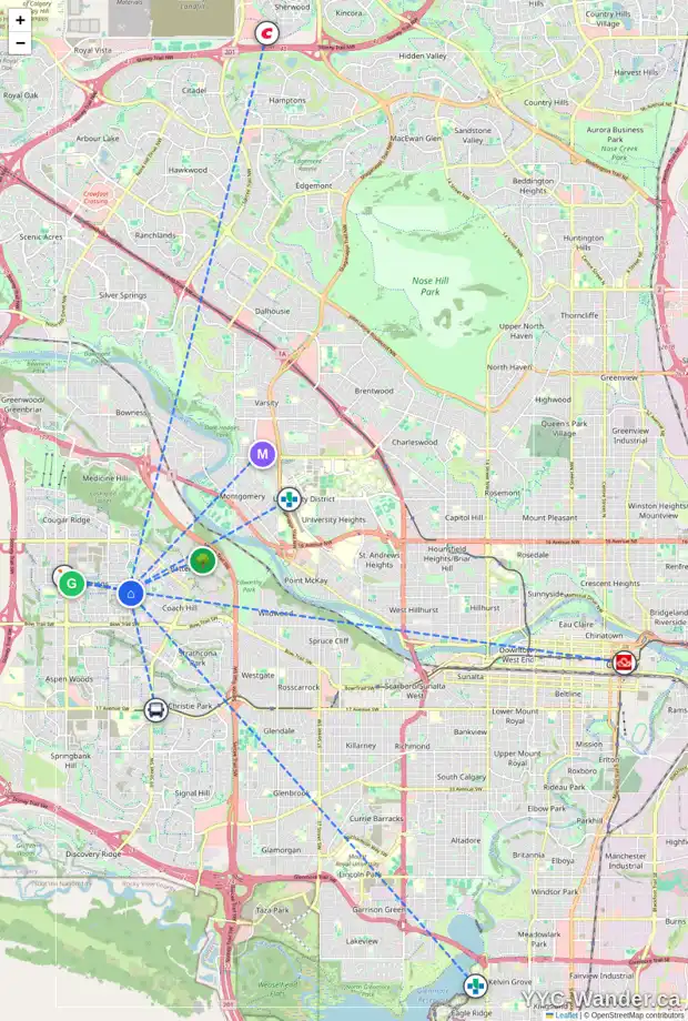 Daily accessibility map for 5 WEST POINT CL SW, Calgary showing nearby schools, grocery stores, parks, LRT stations and nearby amenities