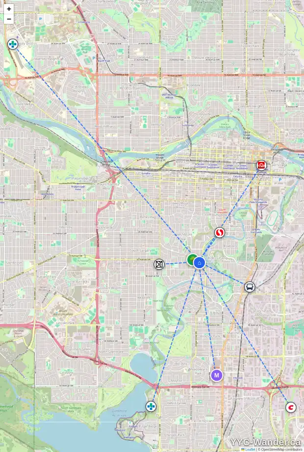 Daily accessibility map for 3444 7 ST SW, Calgary showing nearby schools, grocery stores, parks, LRT stations and nearby amenities