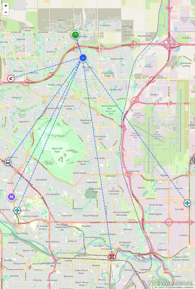 Daily accessibility map for 127 PANATELLA GV NW, Calgary showing nearby schools, grocery stores, parks, LRT stations and nearby amenities