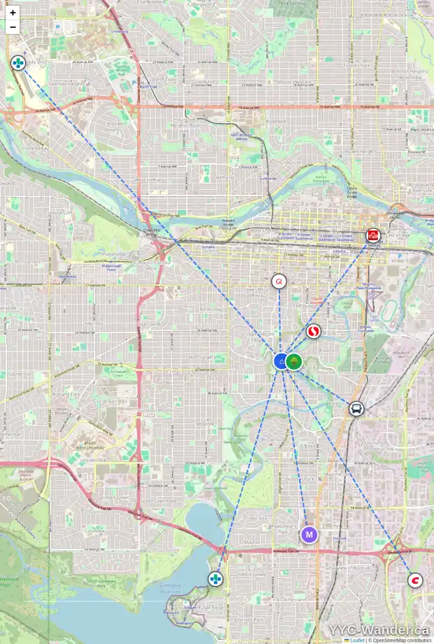 Daily accessibility map for 3222 7 ST SW, Calgary showing nearby schools, grocery stores, parks, LRT stations and nearby amenities