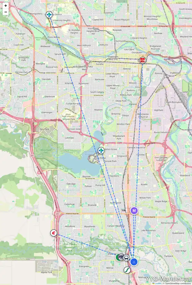 Daily accessibility map for 51 PROVIDENCE BV SE, Calgary showing nearby schools, grocery stores, parks, LRT stations and nearby amenities