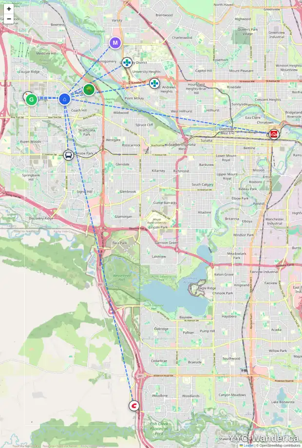 Daily accessibility map for 30 WESTPOINT BA SW, Calgary showing nearby schools, grocery stores, parks, LRT stations and nearby amenities