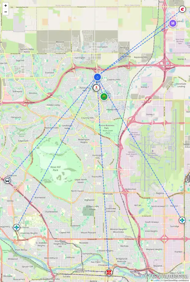 Daily accessibility map for 141 PANATELLA WY NW, Calgary showing nearby schools, grocery stores, parks, LRT stations and nearby amenities