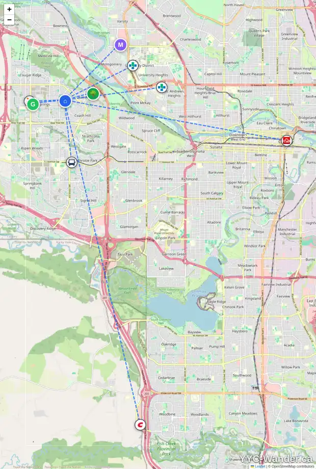 Daily accessibility map for 53 WESTPOINT GD SW, Calgary showing nearby schools, grocery stores, parks, LRT stations and nearby amenities
