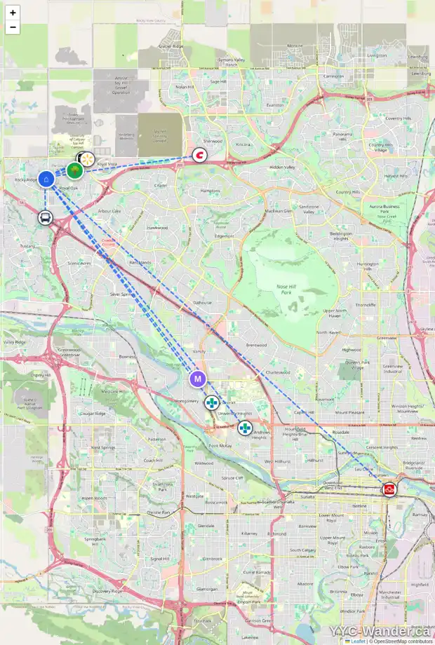 Daily accessibility map for 68 ROCK LAKE VW NW, Calgary showing nearby schools, grocery stores, parks, LRT stations and nearby amenities