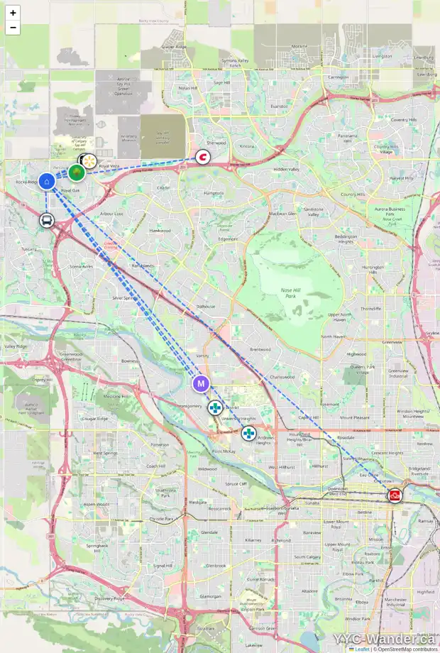 Daily accessibility map for 87 ROCK LAKE VW NW, Calgary showing nearby schools, grocery stores, parks, LRT stations and nearby amenities