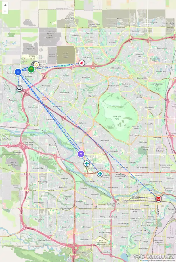 Daily accessibility map for 38 ROCK LAKE HT NW, Calgary showing nearby schools, grocery stores, parks, LRT stations and nearby amenities