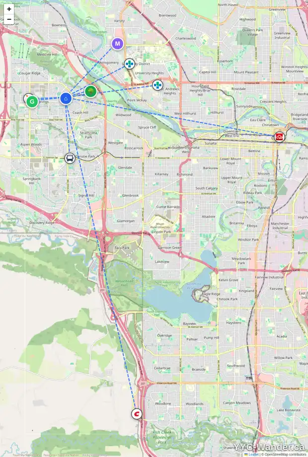 Daily accessibility map for 85 WESTPOINT GD SW, Calgary showing nearby schools, grocery stores, parks, LRT stations and nearby amenities