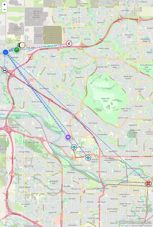 Daily accessibility map for 20 ROCK LAKE PT NW, Calgary showing nearby schools, grocery stores, parks, LRT stations and nearby amenities